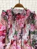 Znbbw Women's Spring Autumn Long Sleeved Chiffon Dress with Wooden Ear Edge Waist Closing Floral Holiday Big Hem Long Dress D2460