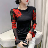 Znbbw S-3XL Girls Fixed Printing Mesh T-Shirts Tees Female Full Sleeve O Neck Stretchy Tshirt Black Tops Women 2024 Autumn