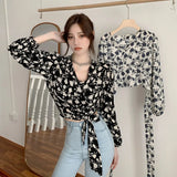 Znbbw Women's Floral Print Blouse V Neck Lace Exposed Navel Long Sleeves Chiffon Shirts Tops