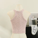 Znbbw Women Halter Collar Tank Crop Tops Female Sleeveless Short Knitted T-Shirt Stretchy Camisole Tees for Slim Girls