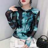 Znbbw Full Sleeve O-Neck T-shirt Girls Stretchy Printed Mesh TShirts Tops Woman Stretchy Slim Tee