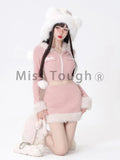 Znbbw Pink Kawaii 2 Piece Set Women Fluffy Design Sweet Skirt Suit Female Korean Rabbit Ear Hoodies + Slim Mini Skirt Set 2024