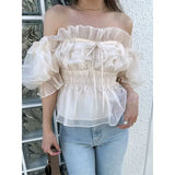 Znbbw Mesh Bubble Sleeve Blusas Mujer Off-shoulder Shirts Blouses Lace Up Bow Camisas Spring Summer 2024 Tops Tunic Ropa