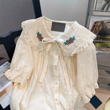 Znbbw Vintage Shirts Small Fragrance Peter Pan Collar Puff Sleeve Blouses Ruffles Lace Up Flower Embroidery Sweet Women Tops