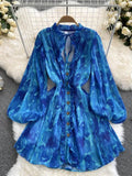 Znbbw Autumn New Fashion Temperament Retro Printing Vestidos Female V-neck Puff Sleeve V-neck Tie Waist Dress KK1144