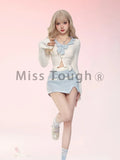 Znbbw Blue Kawaii Lolita Two Piece Skirt Set Women Bow Long Sleeve Sweet Y2k Suit Female Korean Fashion Designer Sweet Set 2024