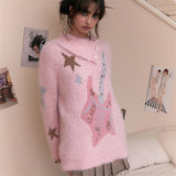 Znbbw Vintage Pink Slouchy Sable Hair Star Print Band Girls' Polo Women's clothing Neck Warm Pullover Autumn Winter Sweater