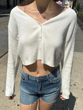 Znbbw White Button Knitted Cardigan Women Autumn Solid V Neck Cotton Casual Pullover Sweater Harajuku Sweet Loose Crop Top Y2k