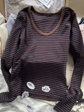 Znbbw Brown Striped V Neck T-shirts Women American Fashion Streetwear Cotton Long Sleeve Tees Casual Summer Classic Slim Tops