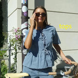 Znbbw Striped Women Pants Suit 2024 Spring Summer Short Sleeve Bow Lace Up Tops High Waist Wide Leg Pocket Trousers Lady Outfit