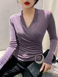 Znbbw Spring Crossed V Neck Folds T Shirts Lady Long Sleeve High Stretch Tops Elegant Soft Tee Shirt For Woman HF8705