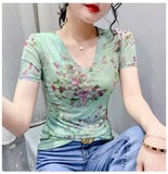 Znbbw Mesh Tees Women's Short Sleeve V Neck Tshirt Girls High Stretchy Floral T Shirts Tops for Female