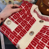 Znbbw Autumn Sweater Women Knitted Cardigan New Year 2024 Spring and Autumn Checker Red Small Fragrant Coat O Neck Sweater