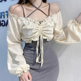 Znbbw Vintage Two Piece Set Slash Neck Puff Sleeve Ruffles Draw String Crop Tops Forked Female Slim Tand Dresses Spring Sets