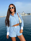 Znbbw Stripes Crop Top+shirt 2 Pcs Outfits Women Casual Summer Autumn Casual Set Blue Matching Set Shorts Set Female Suit