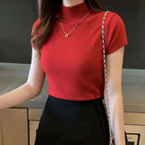 Znbbw Summer Half Turtleneck Slim Knitted T-shirt Women Elegant Solid Short Sleeve Casual Versatile Pullover Casual Skinny Tops