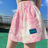 Znbbw High Waist Women Sports Shorts Summer Korean Tie Dye Loose Wide Leg Pants Casual Female Streetwear Fluorescent Pink Shorts