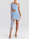 Znbbw Hollow Out Backless Sexy Mini Dress For Women Robe Two Layer Mesh Inclined Shoulder Irregular Club Party Dress Vestido