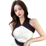 Znbbw Korean V-neck Fashion Tank Top Versatile Knitted Sleeveless Tank Top Slim Fit T-shirt Top