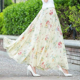 Znbbw Chiffon Skirts Ink Painting Print Spring Summer Floral Long Skirt Elegant Chic A-Line Full Length Skirt Ankle Beach Skirts