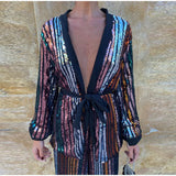 Znbbw Striped Sequins Women Pants Set Elegant Deep V Neck Lace Up Long Sleeve Coat Autumn High Waist Elastic Wide Leg Trouser