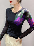 Znbbw Autumn New Slim Fit T-shirt Fashion Printing Positioning Flower Round Neck Long Sleeve Top Women's Trend Tees BH9795