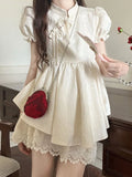 Znbbw Floral Kawaii Two Piece Set Women Japanese Sweet Elegant Skirt Suit Female Puff Sleeve Blouses £« Lace Lolita Cake Skirt