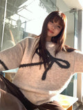 Znbbw Vintage Pullovers for Women Long Sleeve Bow Jacquard Autumn Winter Sweaters Design Aesthetics Loose All Match Clothing