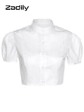 znbbw Sexy White Shirt Women Stand Neck Button Short Sleeve Slim Crop Blouse 2023 Summer New Party Y2k Female Clothing Tops