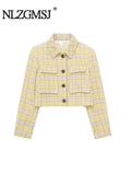 Znbbw TRAF Women Front Flap Cropped Tweed Blazer Coat Vintage Lapel Collar Long Sleeve Female Outerwear Chic Tops