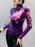 Znbbw New High Neck Long Sleeve Mesh T-shirt Women's Fashion Fairy Positioning Printing Big Flowers Bottoming T Shirts BH9865