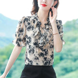 Znbbw Summer Women Tops Short Sleeve Print Chiffon Blouse Shirt Blusas Mujer De Moda 2023 Verano Ruffles V-Neck Blouse Women G580