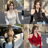 Znbbw Women's Solid Color Off The Shoulder Crop Top Slim Fit Sexy Base Shirt Long Sleeve Sexy Casual T Shirt