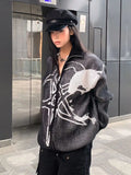Znbbw High Street Cardigan Knit Coat Zipper Striped Jacquard Design Loose Sweater Autumn Winter Y2k Harajuku Vintage Clothing