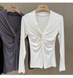 Znbbw Cotton Twisted V-neck T-Shirts Tees Female Long Sleeve High Elasticity Elegant Stretchy Tshirt Tops For Women