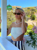 Znbbw Women Pearl Crop Top Fishnet Hollow Out Camisole Beach Holiday Cover-ups Chic Women Sleeveless Summer Matching Vest Korean