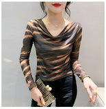 Znbbw Spring Summer Double-Layer Mesh Top Long Sleeve Printing T-shirt Woman Slim Fitting Tee For Female