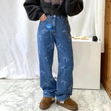 Znbbw Chic Bow Prrint Pantalones Mujer Women Wide Leg Denim Pants Straight Ropa Mujer 2024 Spring Pockets Womens Clothing