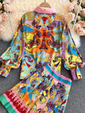 Znbbw Autumn Fashion Temperament New Exotic Print Lapel Puff Sleeve Shirt Female High Waist Slim Skirt Suit C597