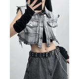 Znbbw Streetwear Y2k Clothes Tassel Irregular Solid Sleeveless Denim Vests Trun Down Collar Summer Gothic Female Slim Crop Top