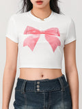 Znbbw Summer Sweet Bow Print T-Shirts Chic Fashion Short Sleeve Round Neck Crop Tops Women's Casual Basic Tees Streetwear