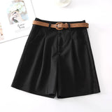 Znbbw Pure Cotton Belt Shorts Women Korean Wide Leg Suit Shorts Ladies Fashion Elegant Black White Baggy All Match Short Pants