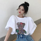 Znbbw Funny Cartoon Bear Print Tops O Neck Puff Short Sleeve T Shirt Women Sweet Fashion T Shirts Summer 2024 New Ropa Mujer