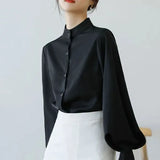 Znbbw Vintage Chiffon Shirts Women Lantern Sleeve Black Blouses Korean Elegant Office Lady Solid Loose Casual Tops New