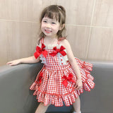 Znbbw Pleated Tutu Skirt Summer Party Clothes Bow Lace Girls Plaid Printing Sleeveless Dress