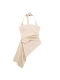 Znbbw TRAF Summer Fashion Women Bustier Asymmetric Draped Sleeveless Backless Slim Halter Top Female Tanks Camis Khaki