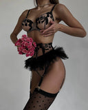 Znbbw Fancy Lingerie Floral Lace Bra Ruffle Garter Luxury Erotic Outfit Sexy Crotchless Panties Sensual Underwear 4-Piece