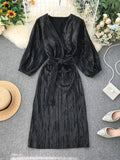 Znbbw Autumn Women's Party Dress Ins Temperament Vintage Waist Pleated Female Long Sleeve Sexy Dress GD226