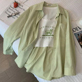 Znbbw Thin Green Shirt Women Fashion Korean Loose Lapel Button Top Female Solid Basic Long Sleeve All Match Shirt New