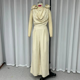 Znbbw Women Jumpsuits Summer Fashion Temperament Cowl Neck Sleeveless Solid Rose Nipped Waist Wide Leg Pants Rompers High Stree